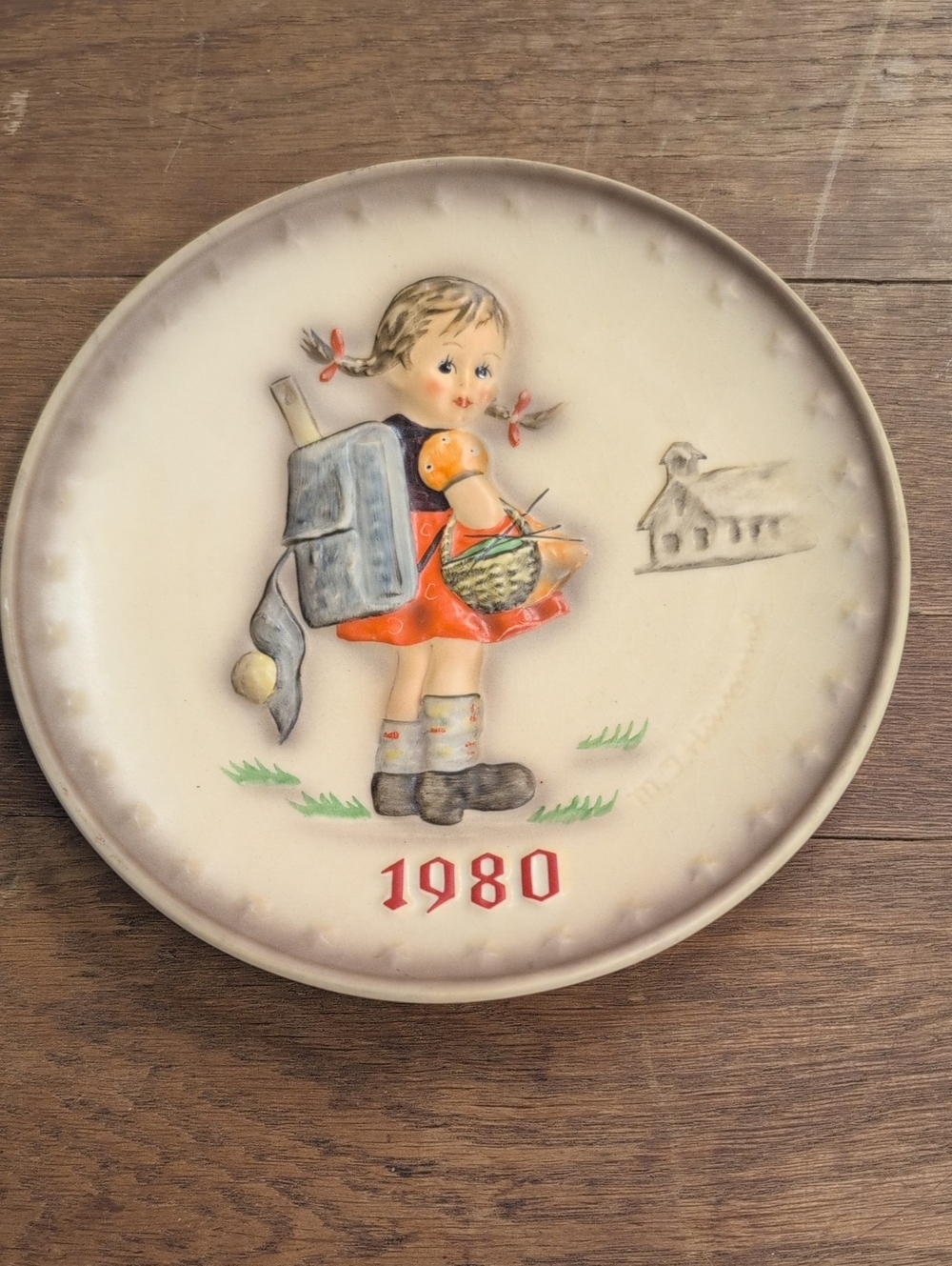 Vintage 1980 Decorative Wall Plate - Girl with Basket in Cream and Red (Goebel)